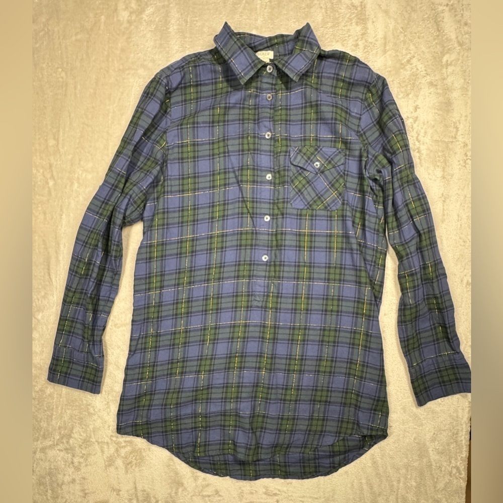 J.Crew Factory Soft Flannel Lightweight Plaid Blue Green Pocket Tunic Top Small